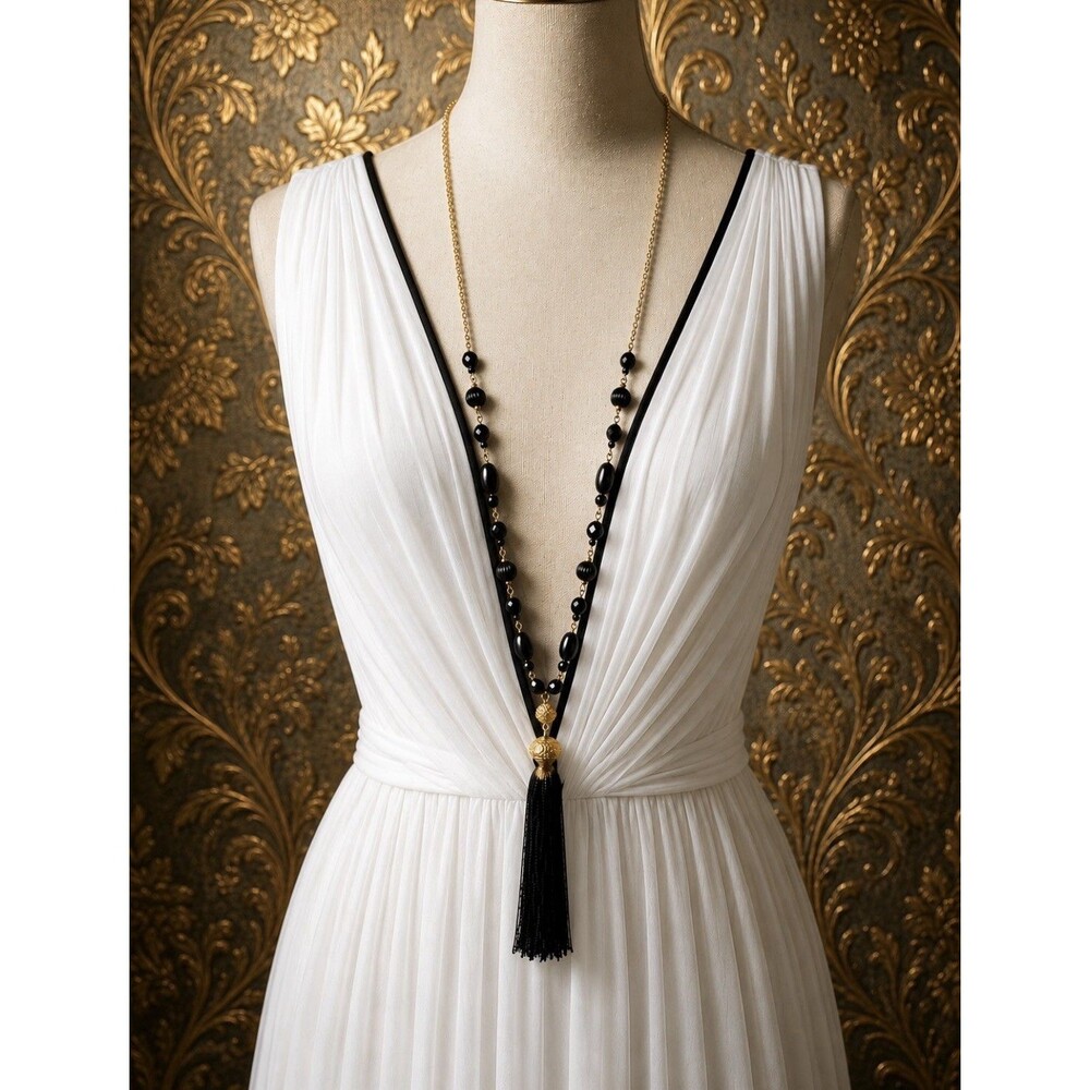 Vintage Tassel Necklace Gold Tone Chain Black Beads Retro Classic Elegant 40”